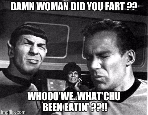 Star Trek Space Farts | DAMN WOMAN DID YOU FART ?? WHOOO'WE..WHAT'CHU BEEN EATIN' ??!! | image tagged in star trek space farts | made w/ Imgflip meme maker