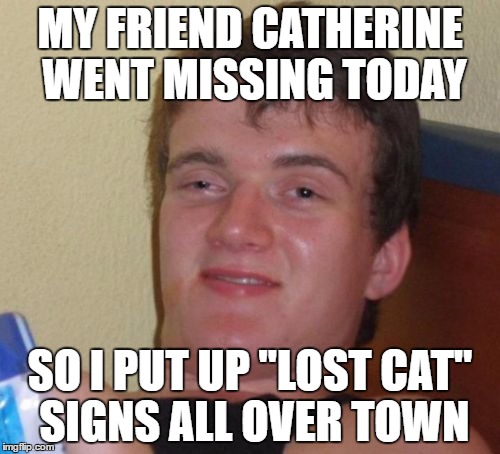 10 Guy Meme | MY FRIEND CATHERINE WENT MISSING TODAY; SO I PUT UP "LOST CAT" SIGNS ALL OVER TOWN | image tagged in memes,10 guy | made w/ Imgflip meme maker