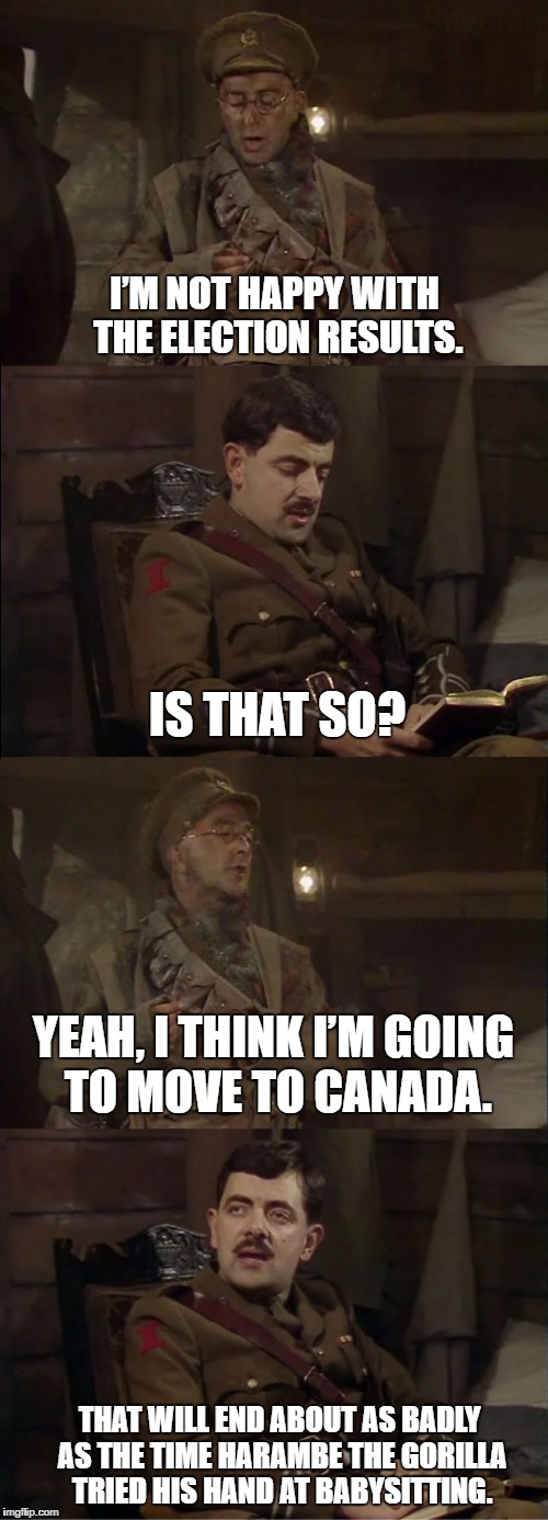 Convoluted Comparison Blackadder | I’M NOT HAPPY WITH THE ELECTION RESULTS. IS THAT SO? YEAH, I THINK I’M GOING TO MOVE TO CANADA. THAT WILL END ABOUT AS BADLY AS THE TIME HARAMBE THE GORILLA TRIED HIS HAND AT BABYSITTING. | image tagged in convoluted comparison blackadder | made w/ Imgflip meme maker