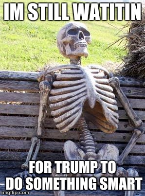 Waiting Skeleton | IM STILL WATITIN; FOR TRUMP TO DO SOMETHING SMART | image tagged in memes,waiting skeleton | made w/ Imgflip meme maker