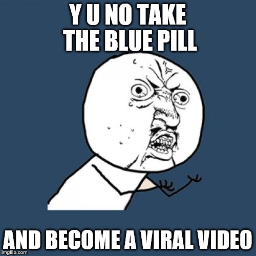 Y U No Meme | Y U NO TAKE THE BLUE PILL AND BECOME A VIRAL VIDEO | image tagged in memes,y u no | made w/ Imgflip meme maker