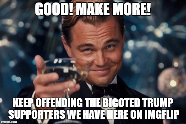 Leonardo Dicaprio Cheers Meme | GOOD! MAKE MORE! KEEP OFFENDING THE BIGOTED TRUMP SUPPORTERS WE HAVE HERE ON IMGFLIP | image tagged in memes,leonardo dicaprio cheers | made w/ Imgflip meme maker