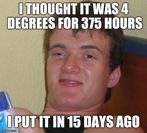 10 Guy Meme | I THOUGHT IT WAS 4 DEGREES FOR 375 HOURS I PUT IT IN 15 DAYS AGO | image tagged in memes,10 guy | made w/ Imgflip meme maker
