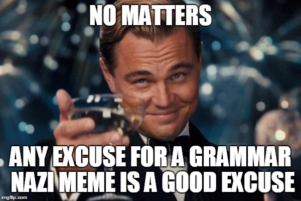 Leonardo Dicaprio Cheers Meme | NO MATTERS ANY EXCUSE FOR A GRAMMAR NAZI MEME IS A GOOD EXCUSE | image tagged in memes,leonardo dicaprio cheers | made w/ Imgflip meme maker