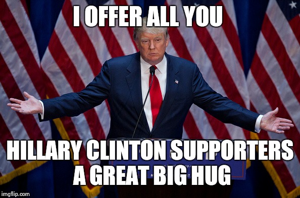 Donald Trump |  I OFFER ALL YOU; HILLARY CLINTON SUPPORTERS A GREAT BIG HUG | image tagged in donald trump | made w/ Imgflip meme maker