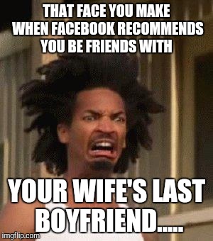 Disgusted Face | THAT FACE YOU MAKE WHEN FACEBOOK RECOMMENDS YOU BE FRIENDS WITH; YOUR WIFE'S LAST BOYFRIEND..... | image tagged in disgusted face | made w/ Imgflip meme maker