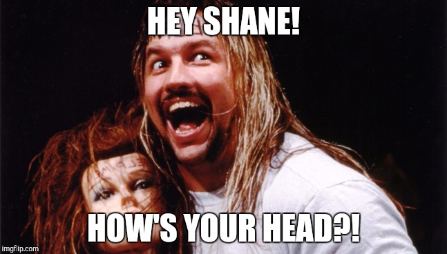 HEY SHANE! HOW'S YOUR HEAD?! | image tagged in al snow,shane mcmahon,wwe,survivor series 2016,black people,420 | made w/ Imgflip meme maker
