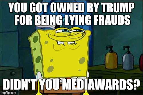 Top media execs and "journalists" went to Trump Tower for a meeting they thought was about media access and got insulted :D | YOU GOT OWNED BY TRUMP FOR BEING LYING FRAUDS; DIDN'T YOU MEDIAWARDS? | image tagged in memes,dont you squidward | made w/ Imgflip meme maker