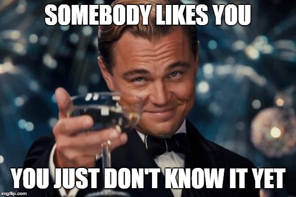 Leonardo Dicaprio Cheers Meme | SOMEBODY LIKES YOU YOU JUST DON'T KNOW IT YET | image tagged in memes,leonardo dicaprio cheers | made w/ Imgflip meme maker