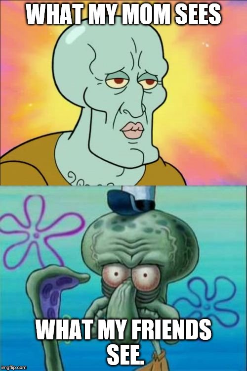 Squidward Meme | WHAT MY MOM SEES; WHAT MY FRIENDS SEE. | image tagged in memes,squidward | made w/ Imgflip meme maker