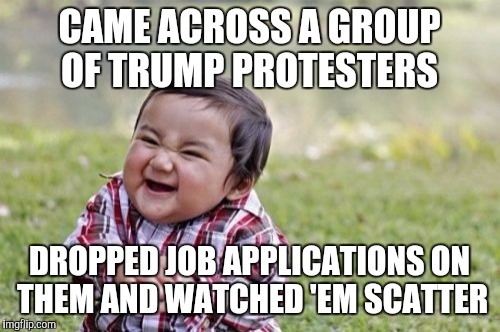 Evil Toddler Meme | CAME ACROSS A GROUP OF TRUMP PROTESTERS; DROPPED JOB APPLICATIONS ON THEM AND WATCHED 'EM SCATTER | image tagged in memes,evil toddler | made w/ Imgflip meme maker