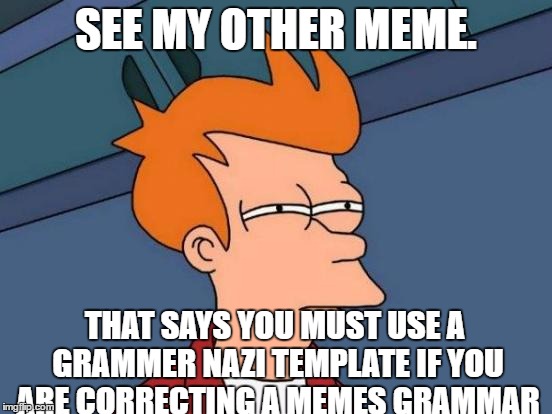 Futurama Fry Meme | SEE MY OTHER MEME. THAT SAYS YOU MUST USE A GRAMMER NAZI TEMPLATE IF YOU ARE CORRECTING A MEMES GRAMMAR | image tagged in memes,futurama fry | made w/ Imgflip meme maker