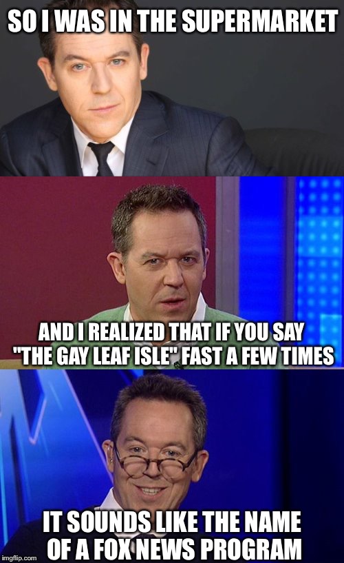 SO I WAS IN THE SUPERMARKET; AND I REALIZED THAT IF YOU SAY "THE GAY LEAF ISLE" FAST A FEW TIMES; IT SOUNDS LIKE THE NAME OF A FOX NEWS PROGRAM | image tagged in bad pun greg gutfeld | made w/ Imgflip meme maker