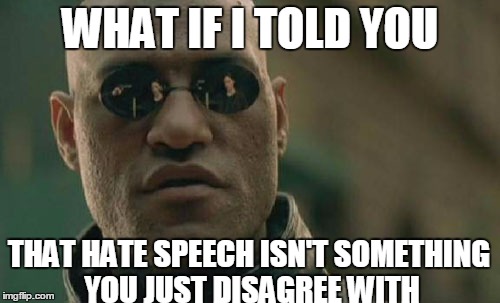 Matrix Morpheus | WHAT IF I TOLD YOU; THAT HATE SPEECH ISN'T SOMETHING YOU JUST DISAGREE WITH | image tagged in memes,matrix morpheus | made w/ Imgflip meme maker
