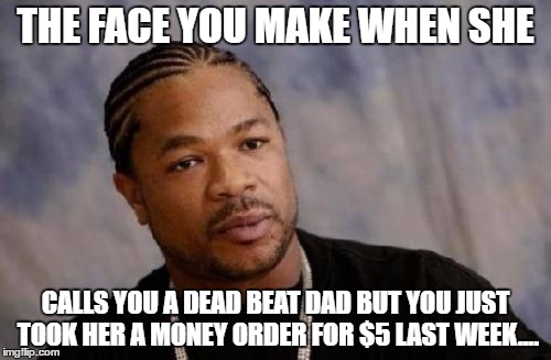 Serious Xzibit | THE FACE YOU MAKE WHEN SHE; CALLS YOU A DEAD BEAT DAD BUT YOU JUST TOOK HER A MONEY ORDER FOR $5 LAST WEEK.... | image tagged in memes,serious xzibit | made w/ Imgflip meme maker