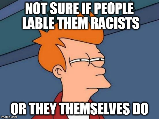 Futurama Fry Meme | NOT SURE IF PEOPLE LABLE THEM RACISTS OR THEY THEMSELVES DO | image tagged in memes,futurama fry | made w/ Imgflip meme maker