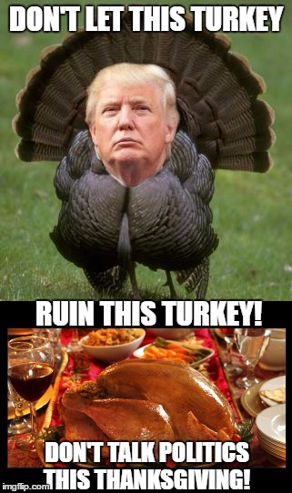 DON'T LET THIS TURKEY; RUIN THIS TURKEY! DON'T TALK POLITICS THIS THANKSGIVING! | image tagged in thanksgiving,don't talk politics on thanksgiving,turkey trump | made w/ Imgflip meme maker