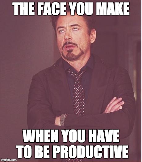 Face You Make Robert Downey Jr | THE FACE YOU MAKE; WHEN YOU HAVE TO BE PRODUCTIVE | image tagged in memes,face you make robert downey jr | made w/ Imgflip meme maker