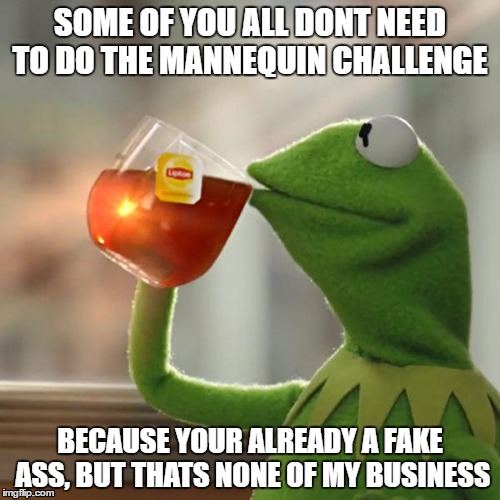 But That's None Of My Business Meme | SOME OF YOU ALL DONT NEED TO DO THE MANNEQUIN CHALLENGE; BECAUSE YOUR ALREADY A FAKE ASS, BUT THATS NONE OF MY BUSINESS | image tagged in memes,but thats none of my business,kermit the frog | made w/ Imgflip meme maker