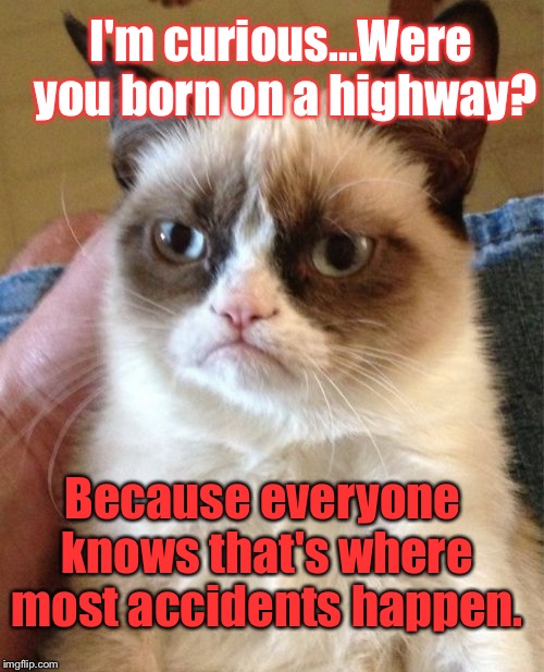 Grumpy Cat | I'm curious...Were you born on a highway? Because everyone knows that's where most accidents happen. | image tagged in memes,grumpy cat | made w/ Imgflip meme maker