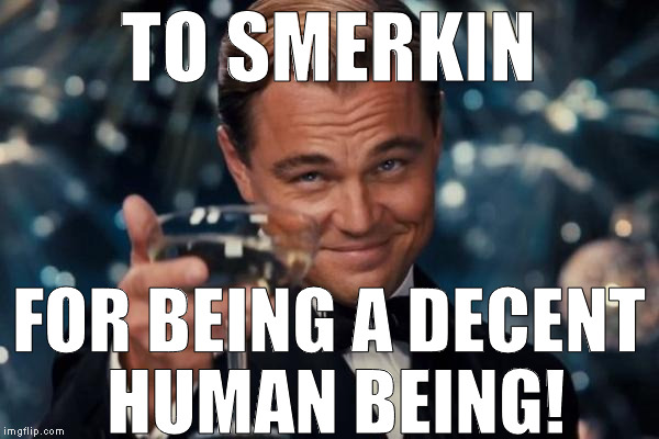 Leonardo Dicaprio Cheers Meme | TO SMERKIN FOR BEING A DECENT HUMAN BEING! | image tagged in memes,leonardo dicaprio cheers | made w/ Imgflip meme maker