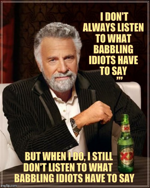 The Most Interesting Man In The World Meme | I DON'T ALWAYS LISTEN TO WHAT BABBLING IDIOTS HAVE     TO SAY; ,,, BUT WHEN I DO, I STILL        DON'T LISTEN TO WHAT               BABBLING IDIOTS HAVE TO SAY | image tagged in memes,the most interesting man in the world | made w/ Imgflip meme maker