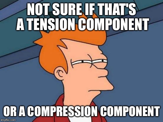 Futurama Fry | NOT SURE IF THAT'S A TENSION COMPONENT; OR A COMPRESSION COMPONENT | image tagged in memes,futurama fry | made w/ Imgflip meme maker