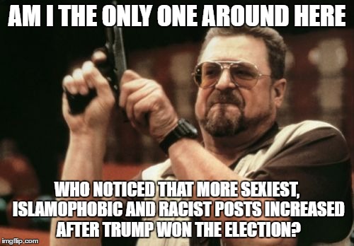 Much Like Trump's Agenda | AM I THE ONLY ONE AROUND HERE; WHO NOTICED THAT MORE SEXIEST, ISLAMOPHOBIC AND RACIST POSTS INCREASED AFTER TRUMP WON THE ELECTION? | image tagged in memes,am i the only one around here,sexism,islamophobia,racism,donald trump | made w/ Imgflip meme maker
