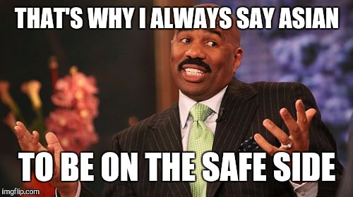 Steve Harvey Meme | THAT'S WHY I ALWAYS SAY ASIAN TO BE ON THE SAFE SIDE | image tagged in memes,steve harvey | made w/ Imgflip meme maker