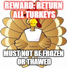 Thanksgiving  | REWARD: RETURN ALL TURKEYS; MUST NOT BE FROZEN OR THAWED | image tagged in thanksgiving | made w/ Imgflip meme maker