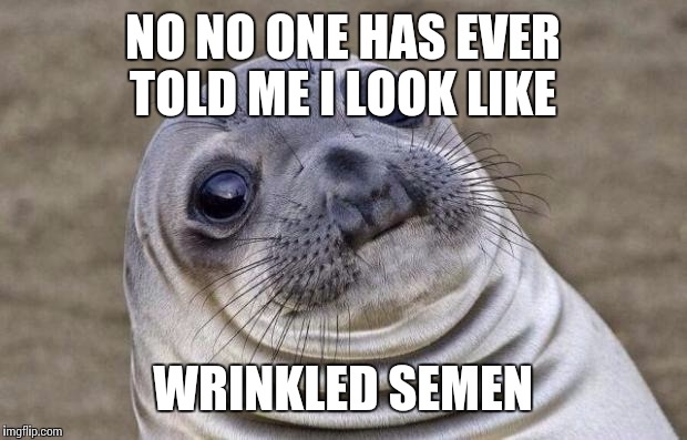 Awkward Moment Sealion | NO NO ONE HAS EVER TOLD ME I LOOK LIKE; WRINKLED SEMEN | image tagged in memes,awkward moment sealion | made w/ Imgflip meme maker