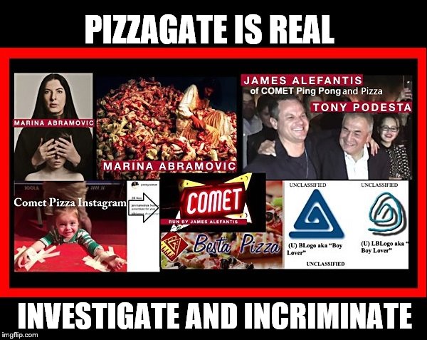 pizzagate is real | PIZZAGATE IS REAL; INVESTIGATE AND INCRIMINATE | image tagged in pizzagate,real,meme,investigate | made w/ Imgflip meme maker