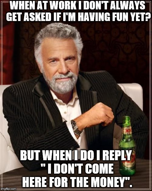 The Most Interesting Man In The World Meme | WHEN AT WORK I DON'T ALWAYS GET ASKED IF I'M HAVING FUN YET? BUT WHEN I DO I REPLY " I DON'T COME HERE FOR THE MONEY". | image tagged in memes,the most interesting man in the world | made w/ Imgflip meme maker