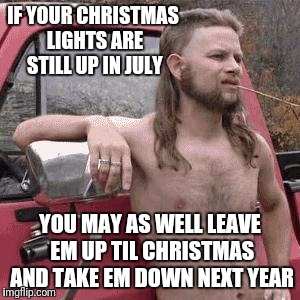 IF YOUR CHRISTMAS LIGHTS ARE STILL UP IN JULY YOU MAY AS WELL LEAVE EM UP TIL CHRISTMAS AND TAKE EM DOWN NEXT YEAR | made w/ Imgflip meme maker