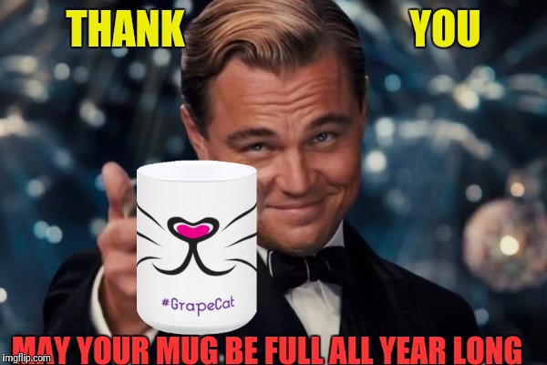 Leonardo Dicaprio Cheers Meme | THANK                            YOU MAY YOUR MUG BE FULL ALL YEAR LONG | image tagged in memes,leonardo dicaprio cheers | made w/ Imgflip meme maker