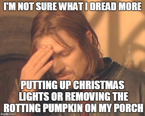 Frustrated Boromir | I'M NOT SURE WHAT I DREAD MORE; PUTTING UP CHRISTMAS LIGHTS OR REMOVING THE ROTTING PUMPKIN ON MY PORCH | image tagged in memes,frustrated boromir | made w/ Imgflip meme maker