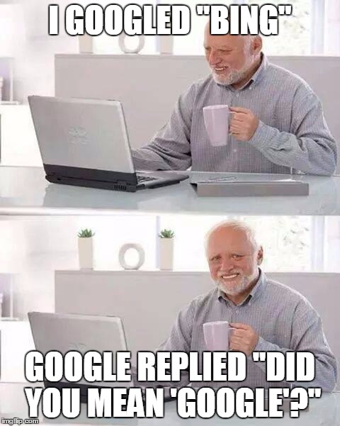 Hide the Pain Harold Meme | I GOOGLED "BING"; GOOGLE REPLIED "DID YOU MEAN 'GOOGLE'?" | image tagged in memes,hide the pain harold | made w/ Imgflip meme maker