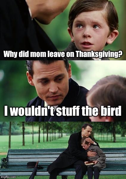 Finding Neverland | Why did mom leave on Thanksgiving? I wouldn't stuff the bird | image tagged in memes,finding neverland | made w/ Imgflip meme maker
