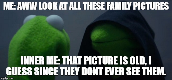 Evil Kermit Meme | ME: AWW LOOK AT ALL THESE FAMILY PICTURES; INNER ME: THAT PICTURE IS OLD, I GUESS SINCE THEY DONT EVER SEE THEM. | image tagged in evil kermit | made w/ Imgflip meme maker