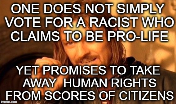 One Does Not Simply | ONE DOES NOT SIMPLY VOTE FOR A RACIST WHO CLAIMS TO BE PRO-LIFE; YET PROMISES TO TAKE AWAY  HUMAN RIGHTS FROM SCORES OF CITIZENS | image tagged in memes,one does not simply | made w/ Imgflip meme maker
