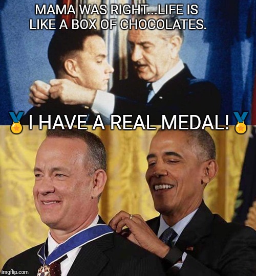 MAMA WAS RIGHT...LIFE IS LIKE A BOX OF CHOCOLATES. 🏅I HAVE A REAL MEDAL!🏅 | image tagged in tom hanks | made w/ Imgflip meme maker