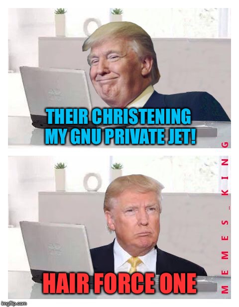 Hide The Pain Donald Trump | THEIR CHRISTENING MY GNU PRIVATE JET! HAIR FORCE ONE | image tagged in hide the pain donald trump,memes | made w/ Imgflip meme maker