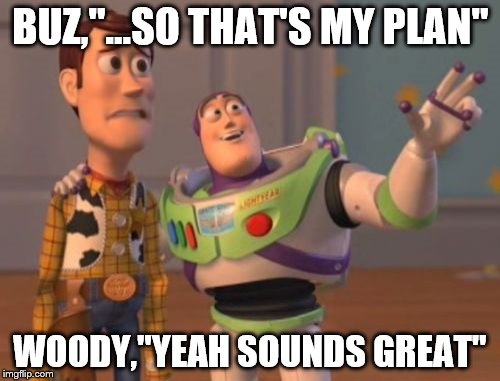 X, X Everywhere Meme | BUZ,"...SO THAT'S MY PLAN"; WOODY,"YEAH SOUNDS GREAT" | image tagged in memes,x x everywhere | made w/ Imgflip meme maker