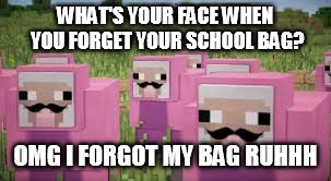 pink sheep | WHAT'S YOUR FACE WHEN YOU FORGET YOUR SCHOOL BAG? OMG I FORGOT MY BAG RUHHH | image tagged in pink sheep | made w/ Imgflip meme maker