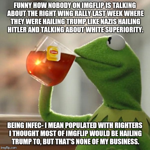 But That's None Of My Business Meme | FUNNY HOW NOBODY ON IMGFLIP IS TALKING ABOUT THE RIGHT WING RALLY LAST WEEK WHERE THEY WERE HAILING TRUMP LIKE NAZIS HAILING HITLER AND TALKING ABOUT WHITE SUPERIORITY. BEING INFEC- I MEAN POPULATED WITH RIGHTERS I THOUGHT MOST OF IMGFLIP WOULD BE HAILING TRUMP TO, BUT THAT'S NONE OF MY BUSINESS. | image tagged in memes,but thats none of my business,kermit the frog | made w/ Imgflip meme maker