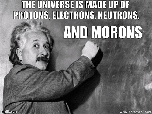 Today's science lesson | THE UNIVERSE IS MADE UP OF PROTONS, ELECTRONS, NEUTRONS, AND MORONS | image tagged in einstein,matter,universe,science,physics | made w/ Imgflip meme maker
