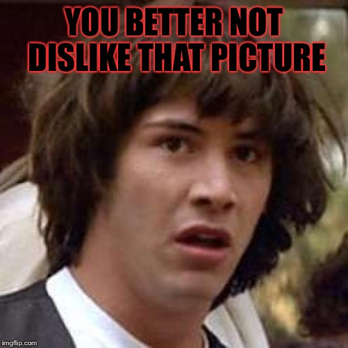 Conspiracy Keanu | YOU BETTER NOT DISLIKE THAT PICTURE | image tagged in memes,conspiracy keanu | made w/ Imgflip meme maker