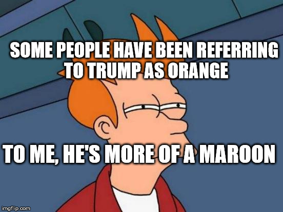 Futurama Fry | SOME PEOPLE HAVE BEEN REFERRING TO TRUMP AS ORANGE; TO ME, HE'S MORE OF A MAROON | image tagged in memes,futurama fry | made w/ Imgflip meme maker