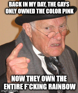I can't even look at the rainbow without thinking about them. |  BACK IN MY DAY, THE GAYS ONLY OWNED THE COLOR PINK; NOW THEY OWN THE ENTIRE F*CKING RAINBOW | image tagged in memes,back in my day | made w/ Imgflip meme maker