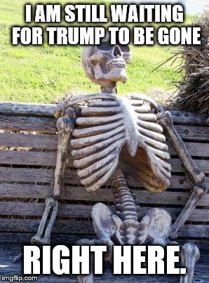 Waiting Skeleton | I AM STILL WAITING FOR TRUMP TO BE GONE; RIGHT HERE. | image tagged in memes,waiting skeleton | made w/ Imgflip meme maker
